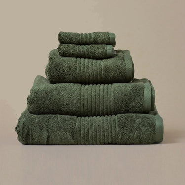 Khaki green eco friendly bamboo towel bale - face cloths, hand towel, bath towel, and bath sheet.